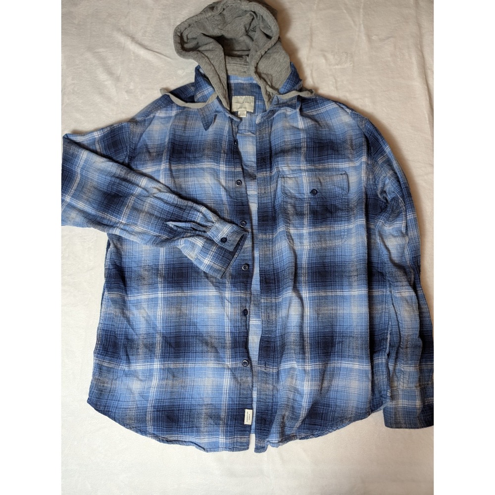 American Eagle Mens Blue Plaid Hooded Flannel Shirt Classic Fit Skater Grunge XL
